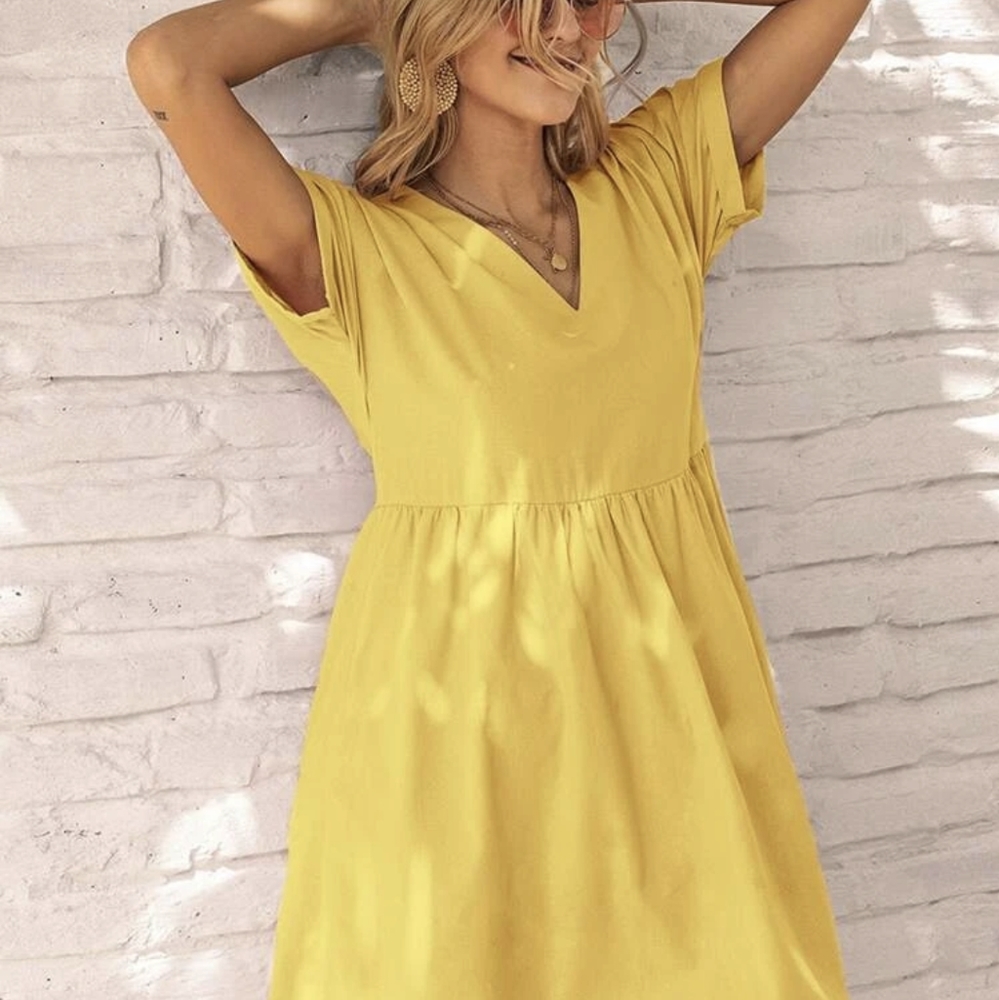 Solid Yellow Batwing Sleeve Smock Dress